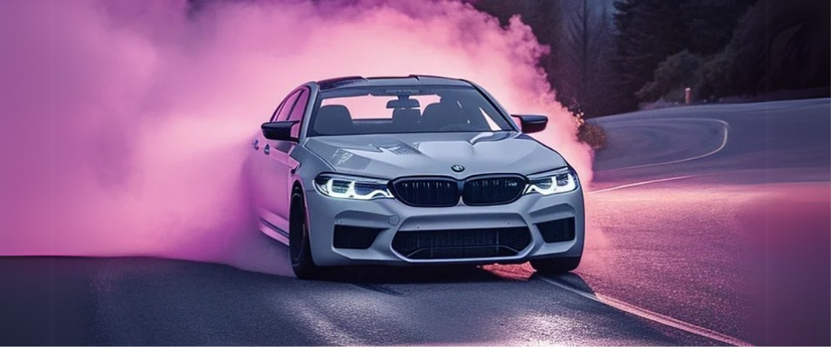 BMW M5 drifting with pink smoke on a scenic road